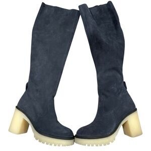 Free People Suede Knee High Boots Jasper 37.5 Blue Block Heel